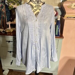 MALVIN I Love 100% Linen Top Blouse Womens L Blue V-Neck Button Front Pintuck.
